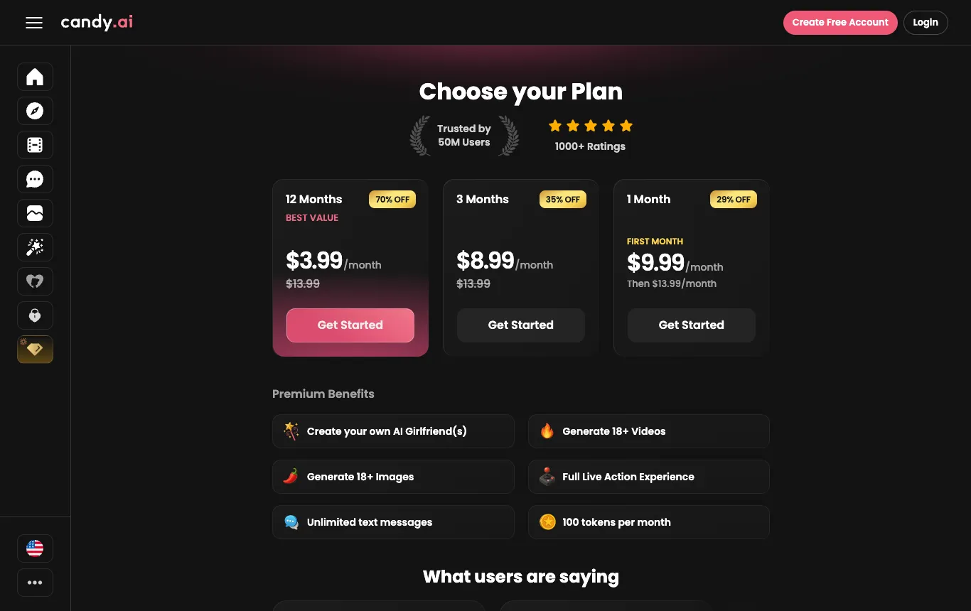 Captura de la página oficial de precios de Candy AI, tomada el 8 de octubre de 2026