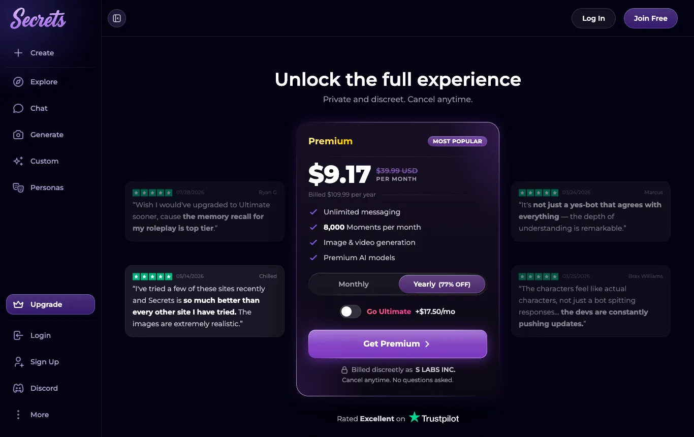 Captura de la página oficial de precios de Secrets AI, tomada el 8 de octubre de 2026